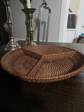 Large Woven Rattan Divided Serving Tray 13" Wicker Basket Platter Boho Decor